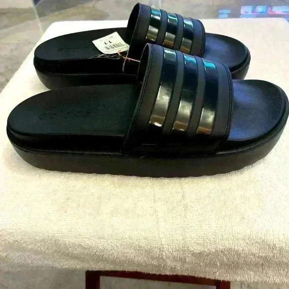 Adidas Adilette Women Platform Slides - Core Black - 3 Stripes Bandage Size 11 - Picture 1 of 6